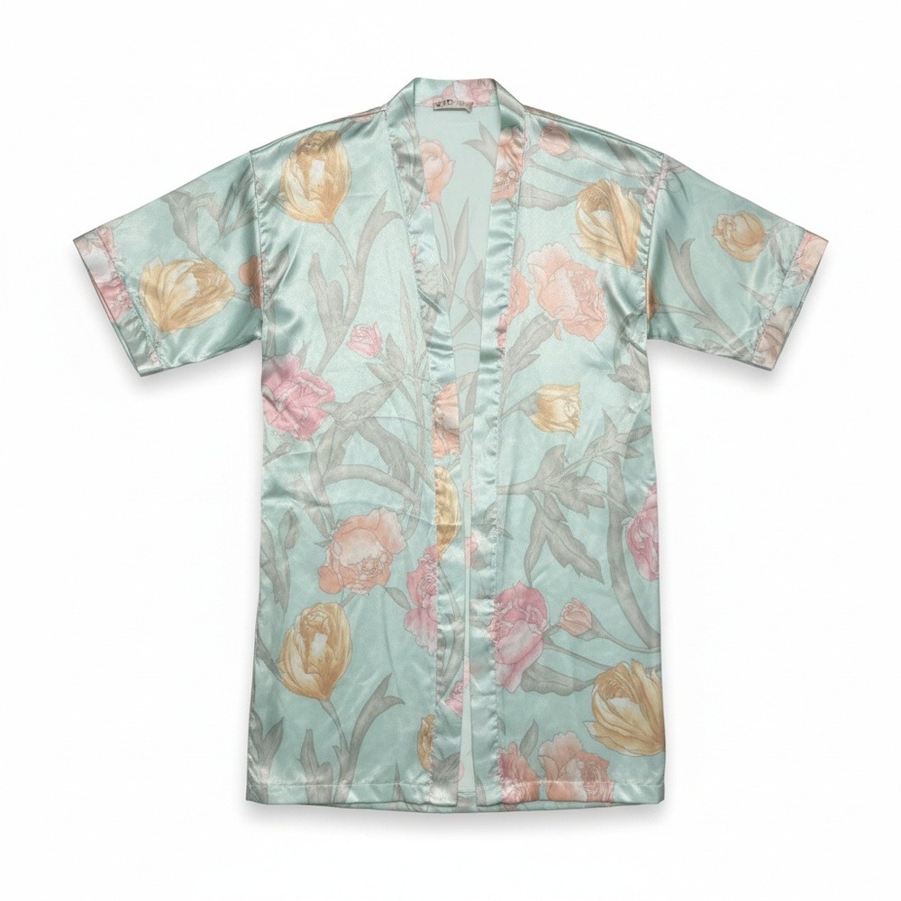 L.A. Intimates Vintage Floral Satin Robe Kimono Pastel Seafoam Green Small‎ 4797